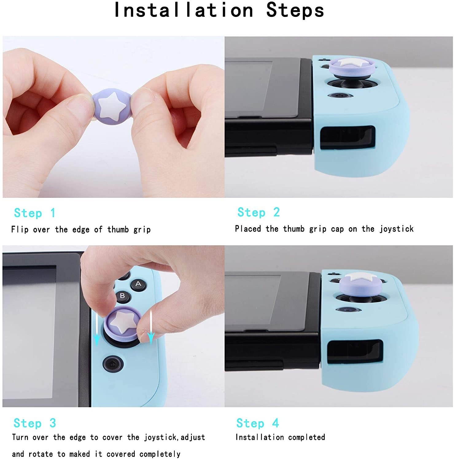 eXtremeRate PlayVital Star Design Cute Switch Thumb Grip Caps, Mandys Pink & Bondi Blue Joystick Caps for Nintendo Switch Lite, Silicone Analog Cover Thumb Stick Grips for Joy-Con Controller