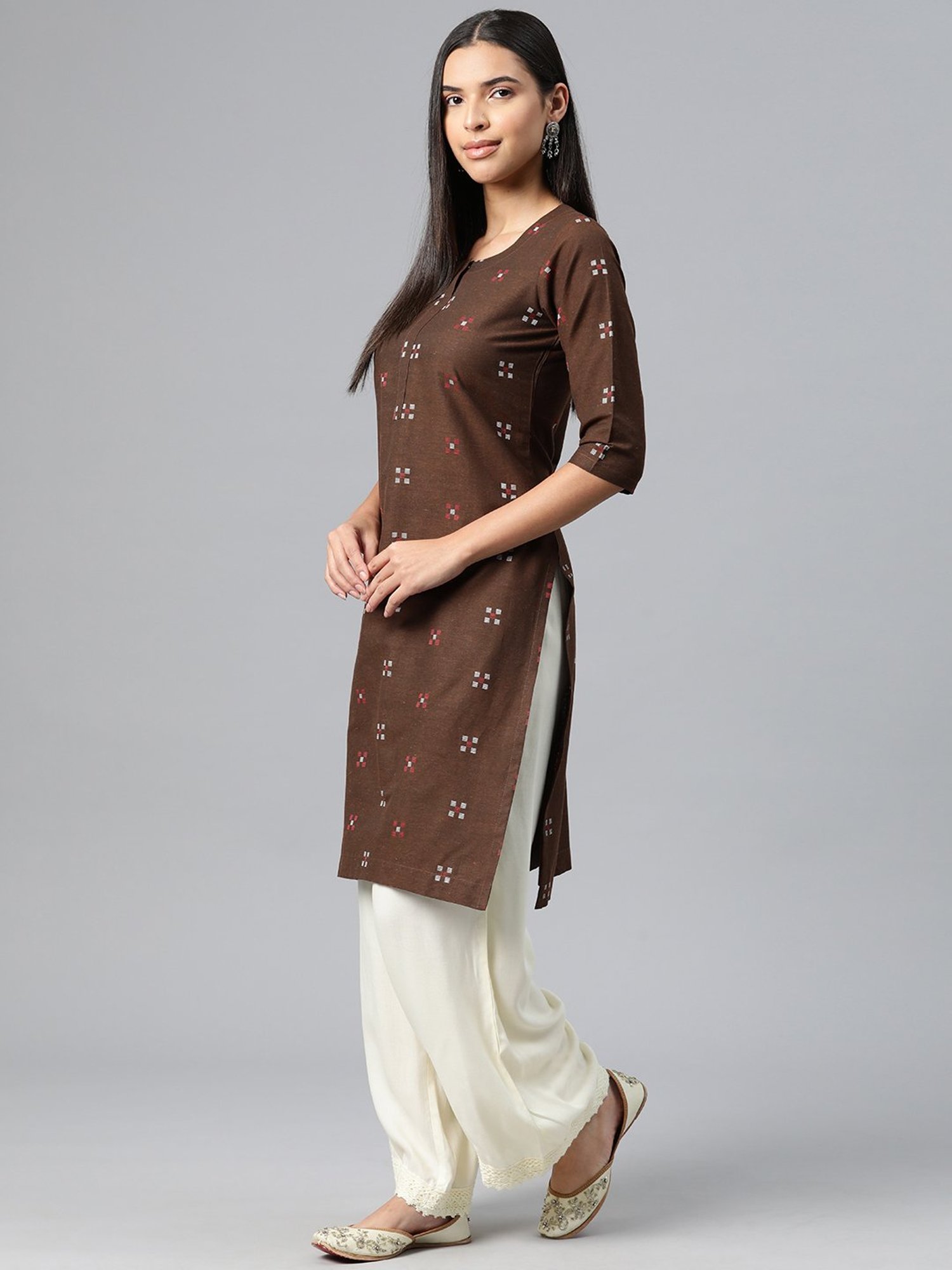 One Femme Brown Cotton Self Design A Line Kurti