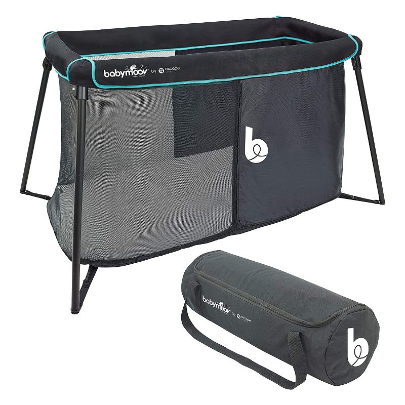 Babymoov Naos 2 in 1 Lightweight Portable Washable Memory Foam Travel Infant Crib & Playpen Playard, Carry Case Included, UV 50+ Ages 0-4, Black/Blue