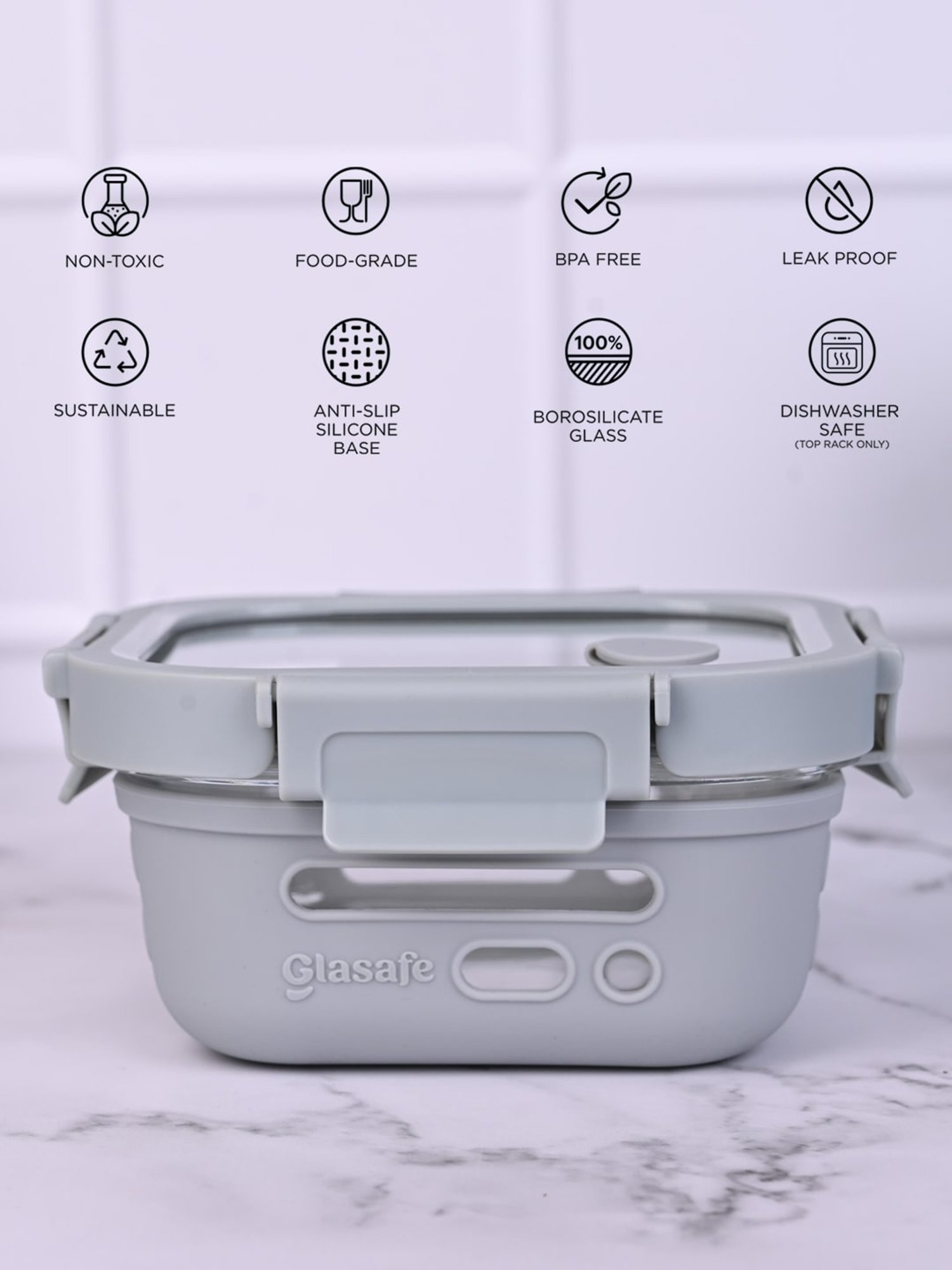 Glasafe Fresh Grip Grey Borosilicate Tiffin with Protective Silicone Sleeve - Set of 2 (520ml)