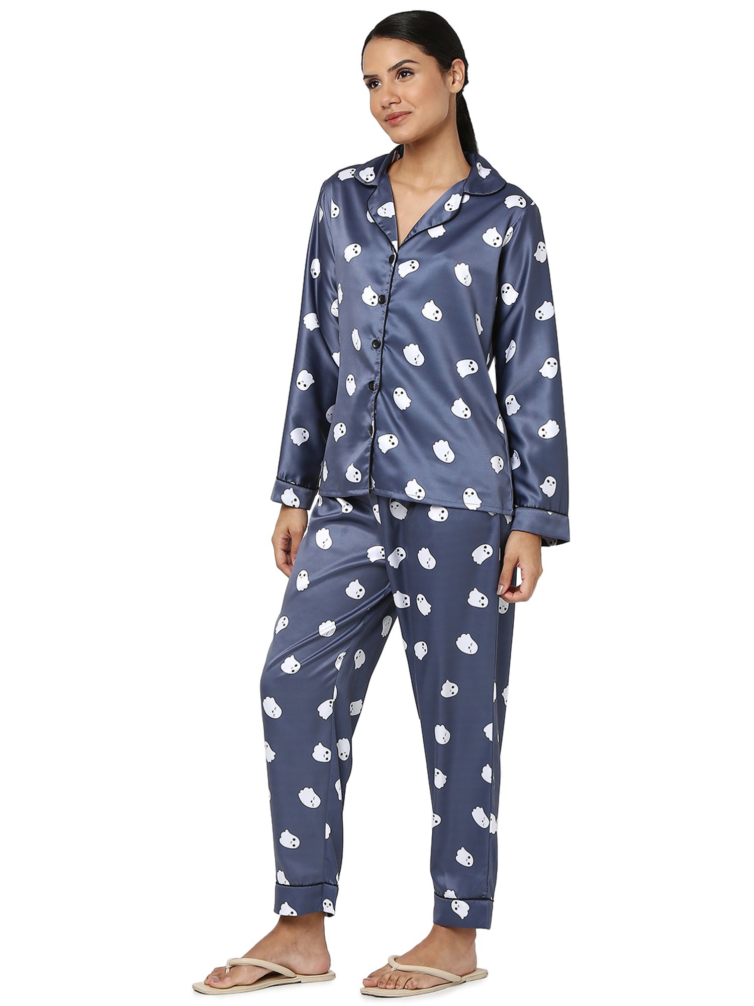 Smarty Pants Navy Satin Print Shirt With Pyjamas
