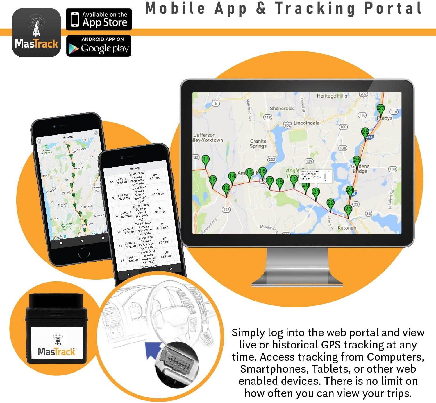 MasTrack- GPS Tracker W/No Contract | Track On Computer Smartphone | Fleet Monitoring Tracking Employees, Teens, Spouse| Plug Into OBD Port Instant Alerts & Engine Diagnostics