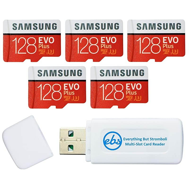 128GB Evo Plus MicroSD Card 5 Pack EVO+ Class 10 SDXC Memory Card with Adapter MBMC128HA Bundle with 1 Everything But Stromboli Micro SD Card Reader