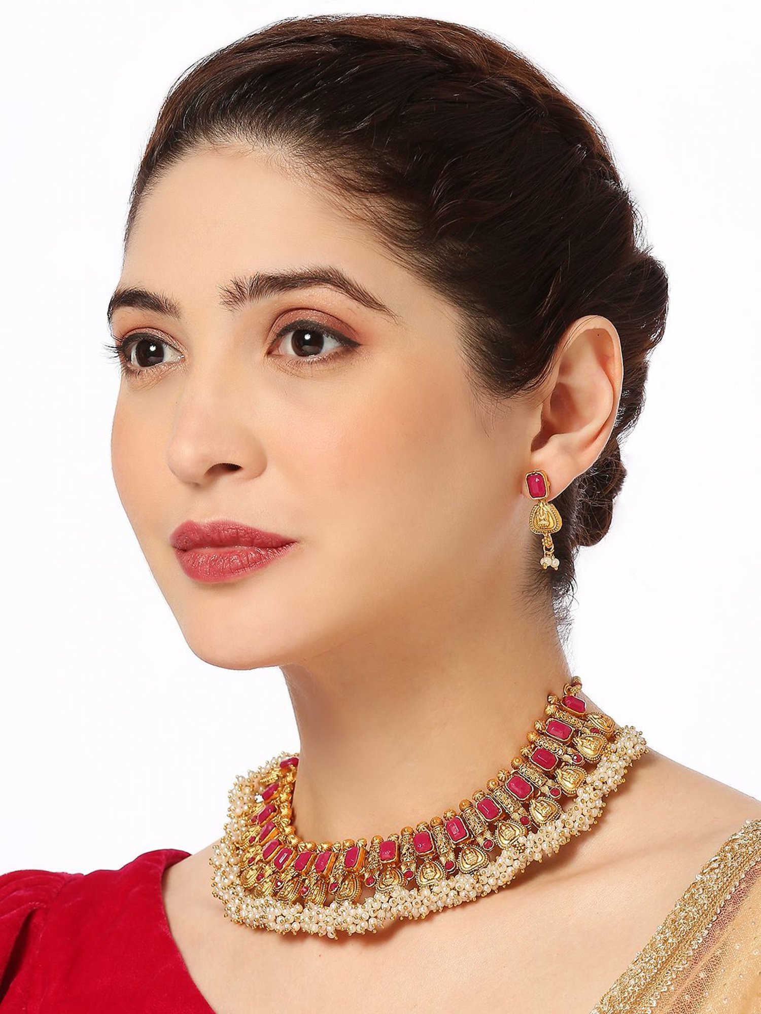 OOMPH Rani Pink Stones & Beads Traditional Ethnic Choker Necklace Set for Women