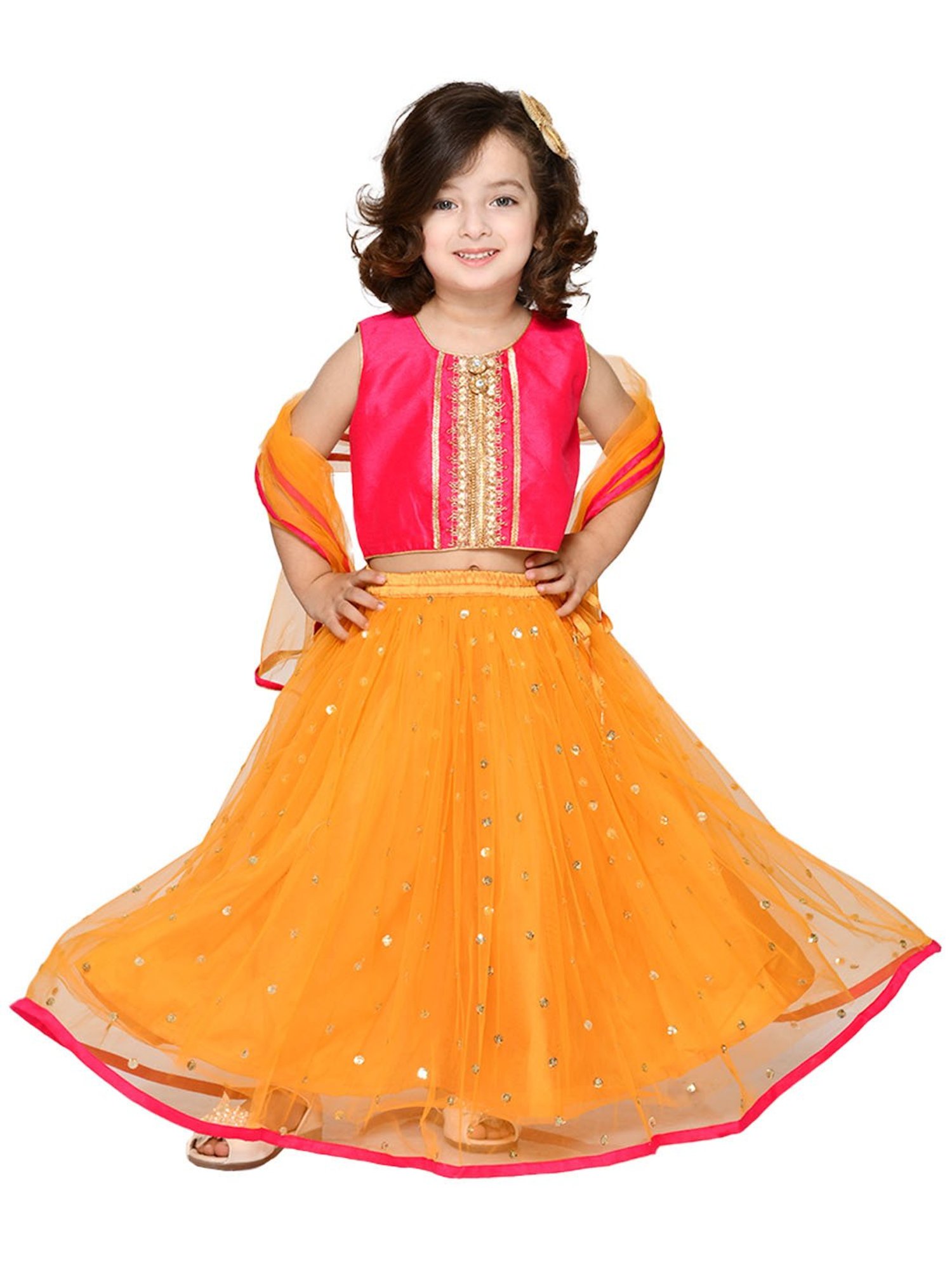 Saka Designs Kids Pink & Orange Embellished Lehenga with Choli & Dupatta