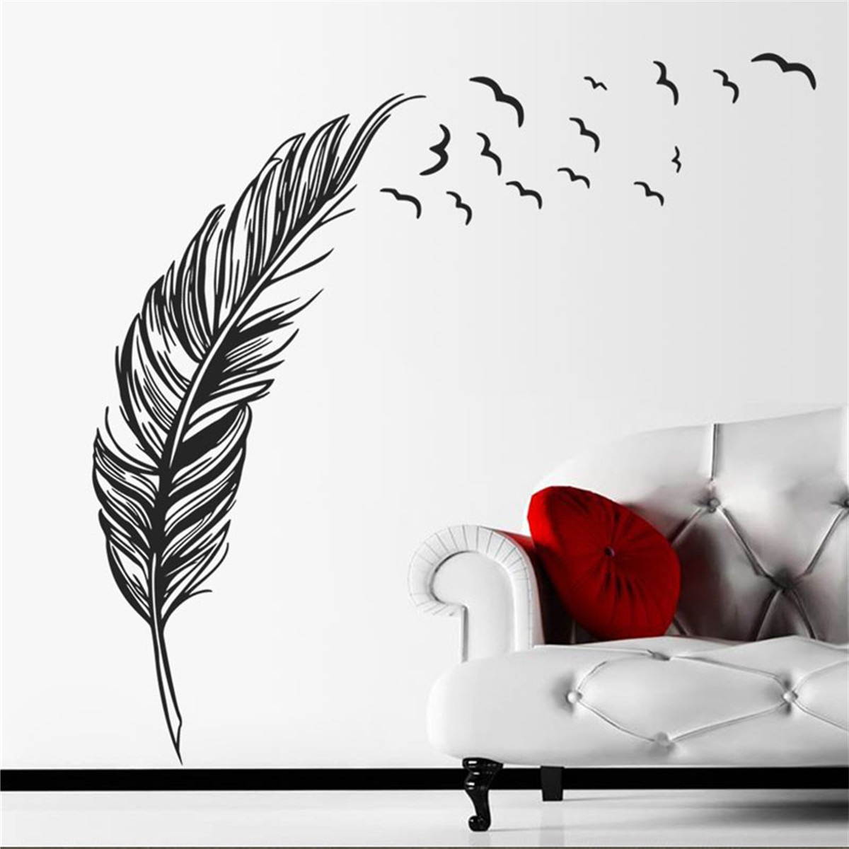 DIY Modern Plume Feather Wall Sticker Birds Flying Feather Removable Wall Sticker Vinyl Mural Painting  for Home Living Room Grey