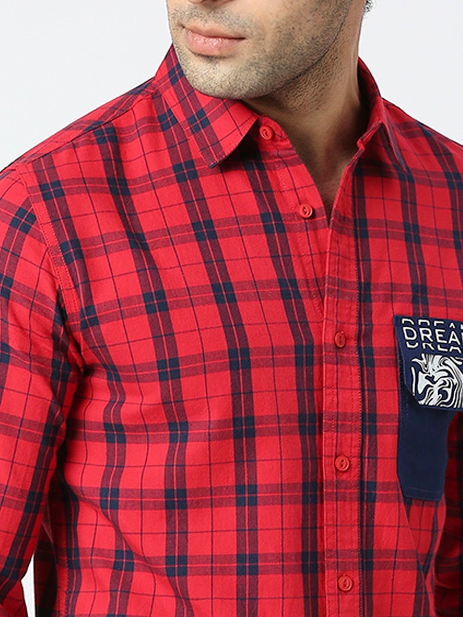 SOLEMIO Red & Navy Slim Fit Checks Shirt