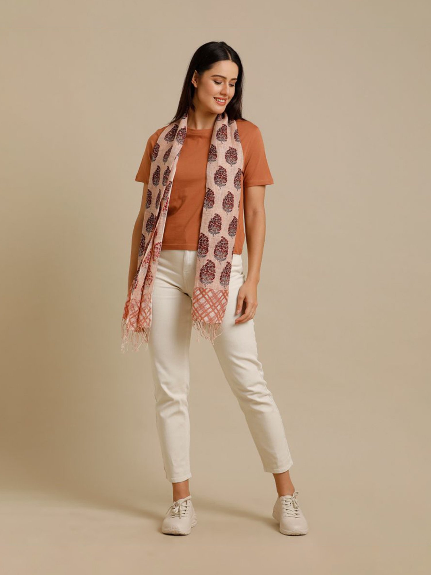 Linen Club Brown Printed Pure Linen Stole