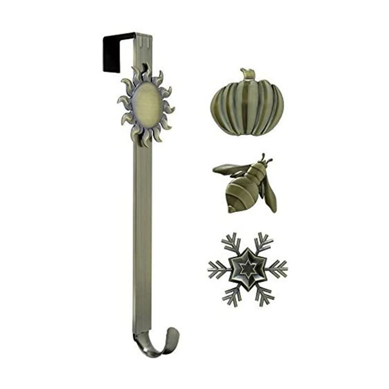 Haute Decor Adjustable Length Assembly Free Holiday Wreath Metal Decorative Door Hanger with Sun, Snowflake, Bee, and Pumpkin, Brass
