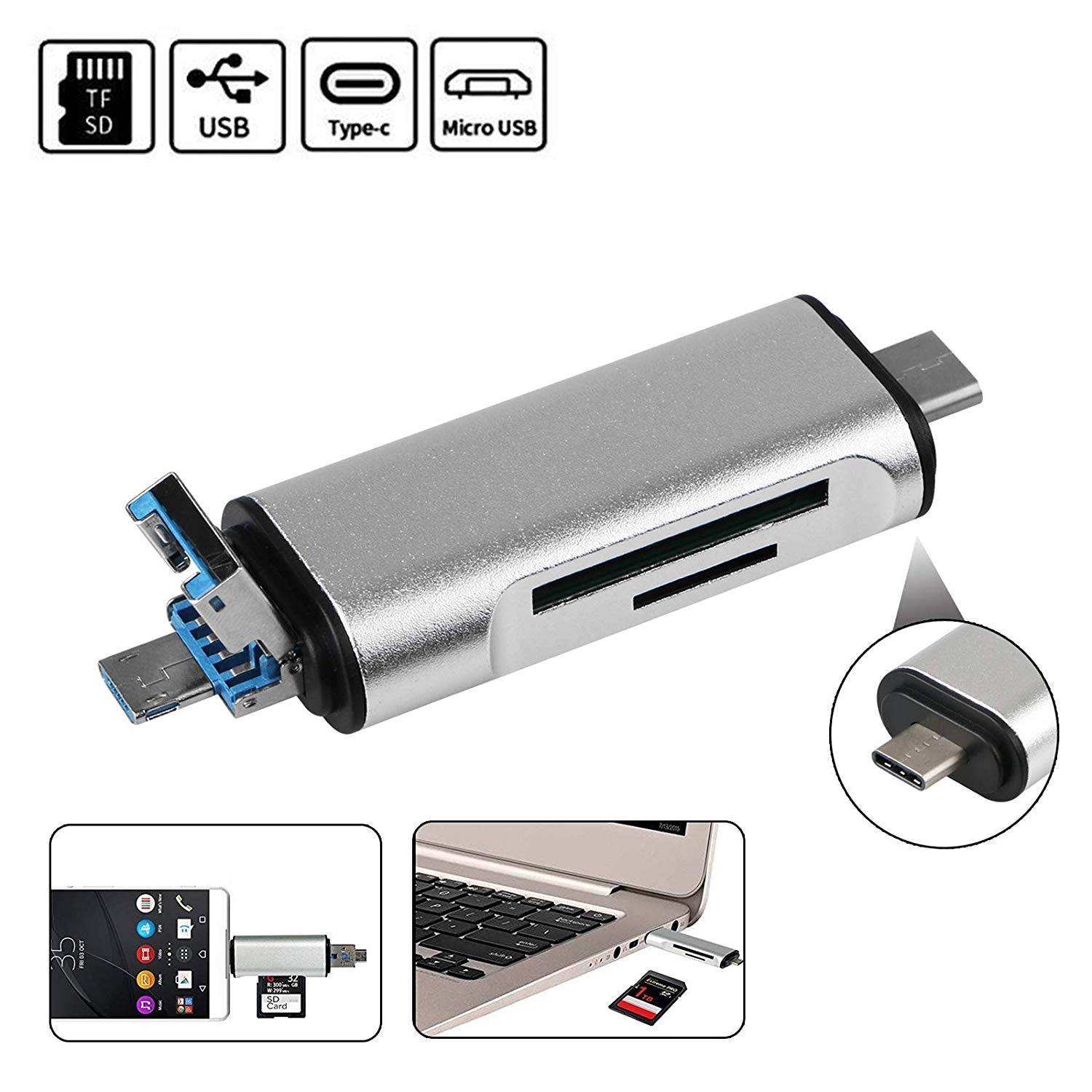 3 in 2 Type-C / USB / Micro USB to SD/TF Card Reader for Android Apple, 3-in-2 USB-C USB Micro, Fast SD TF Reader, Aluminum Alloy Shell, Portable Design.