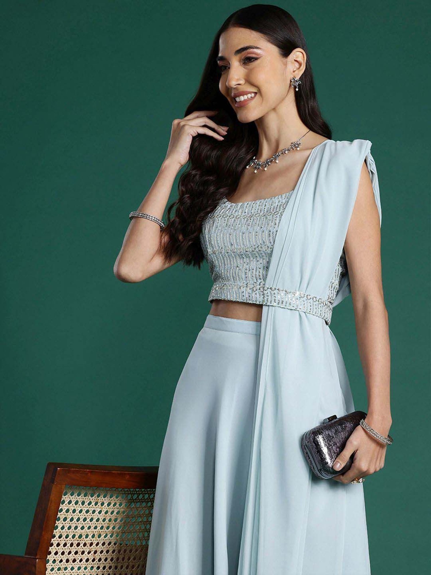 Indo Era Blue Plain Lehenga Choli Set With Dupatta & Belt