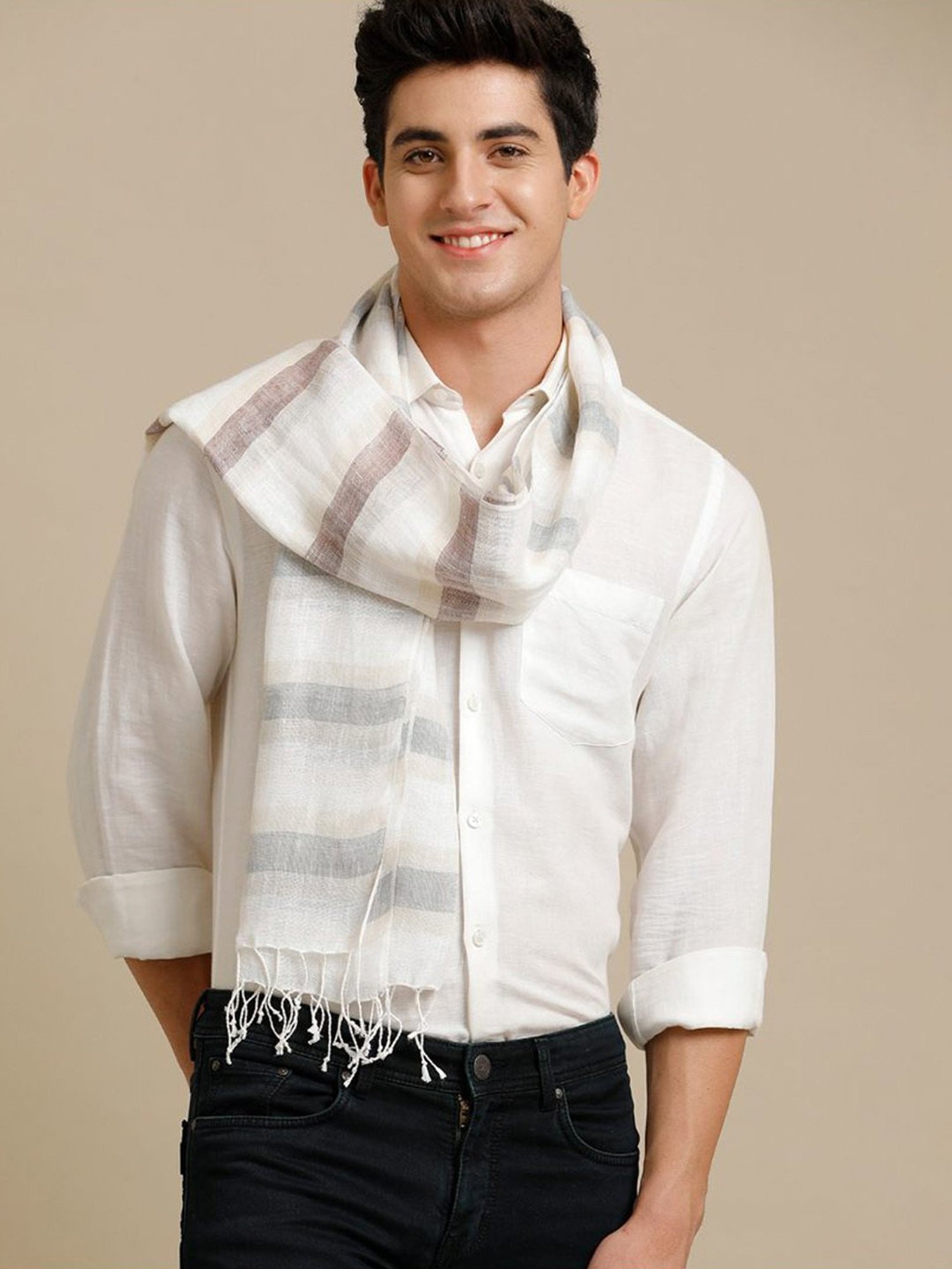 Linen Club Grey Striped Pure Linen Stole