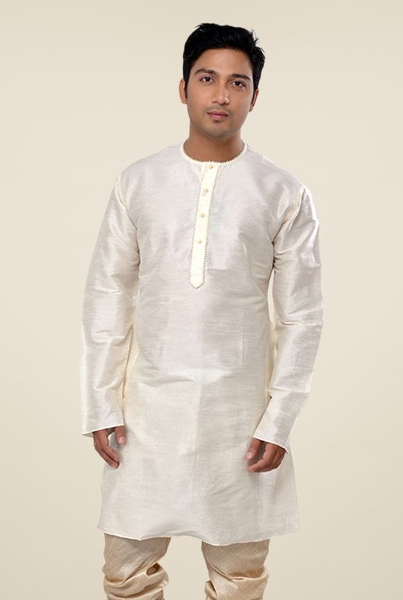 Manyavar Off White Round Neck Solid Kurta