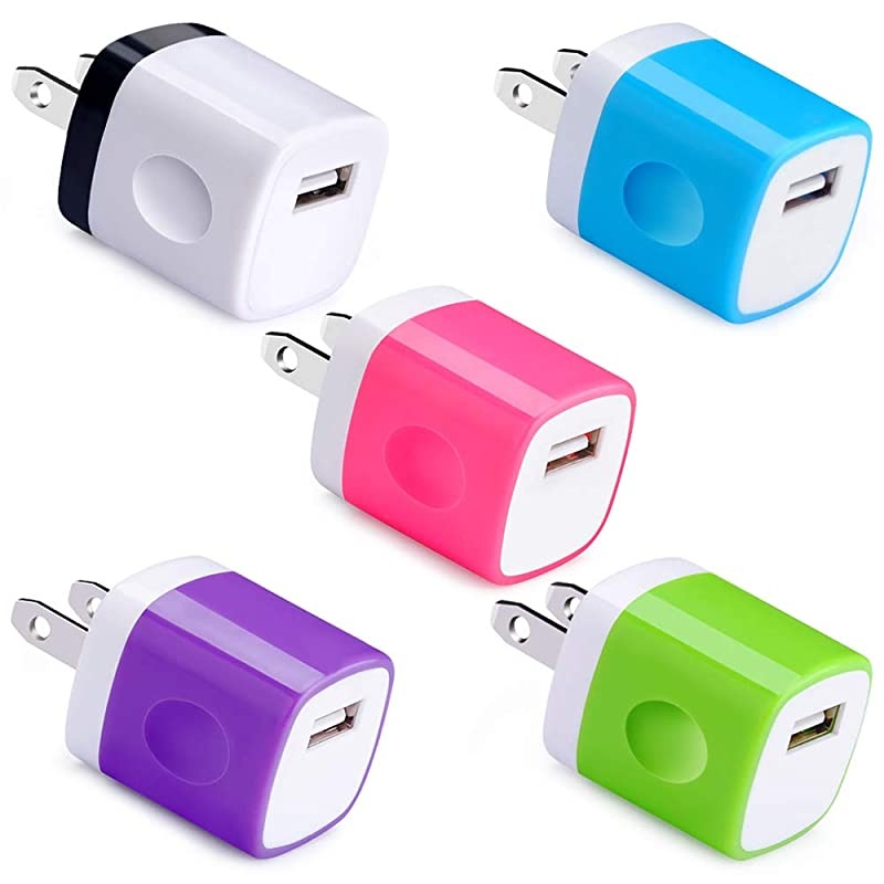 USB Wall Plug,  5 Pack 1Amp 5V One Port USB Power Adapter Wall Chargers Block Cube Box Compatible Phone 11 X 8 7 6S 6 Plus,Samsung Galaxy A21 S20 S10 S9 S8 Note 10 9 8 S7,G8 G6, OnePlus 8