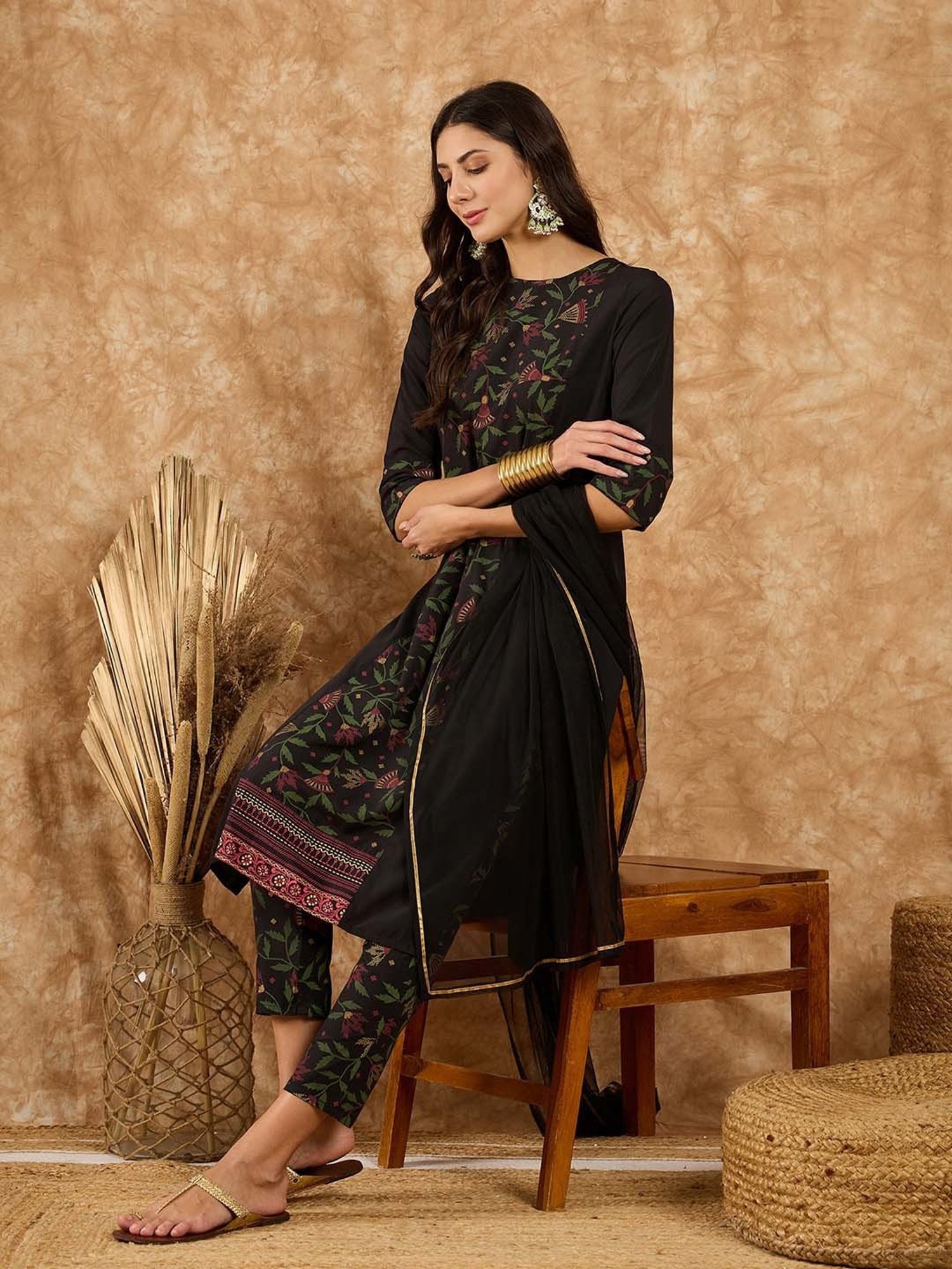 Ziyaa Black Printed Kurta With Pant & Dupatta
