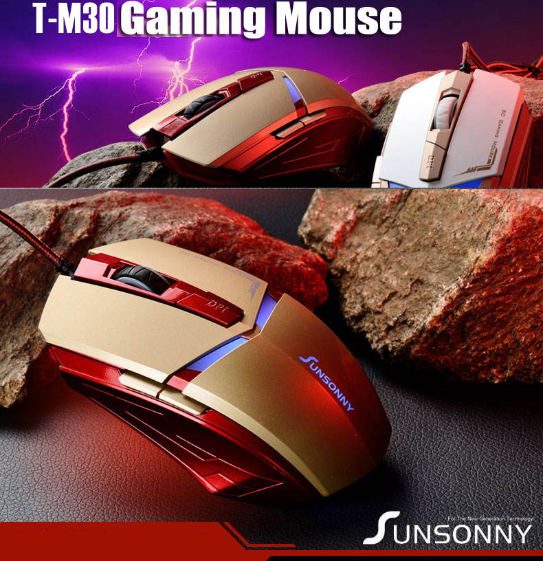 SunSonny T-M30 Iron Man 3 Optical Wired USB Gaming Mouse - 1800DPI 6D 6 Buttons X3 for Gamer PC Laptops - Gold
