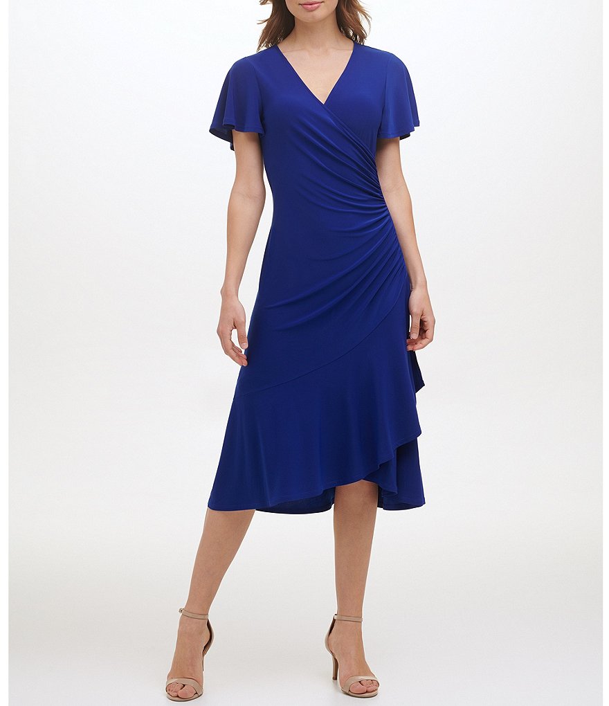 Kensie Ruched Waist Faux-Wrap V-Neck Short Flutter Sleeve Midi Dress