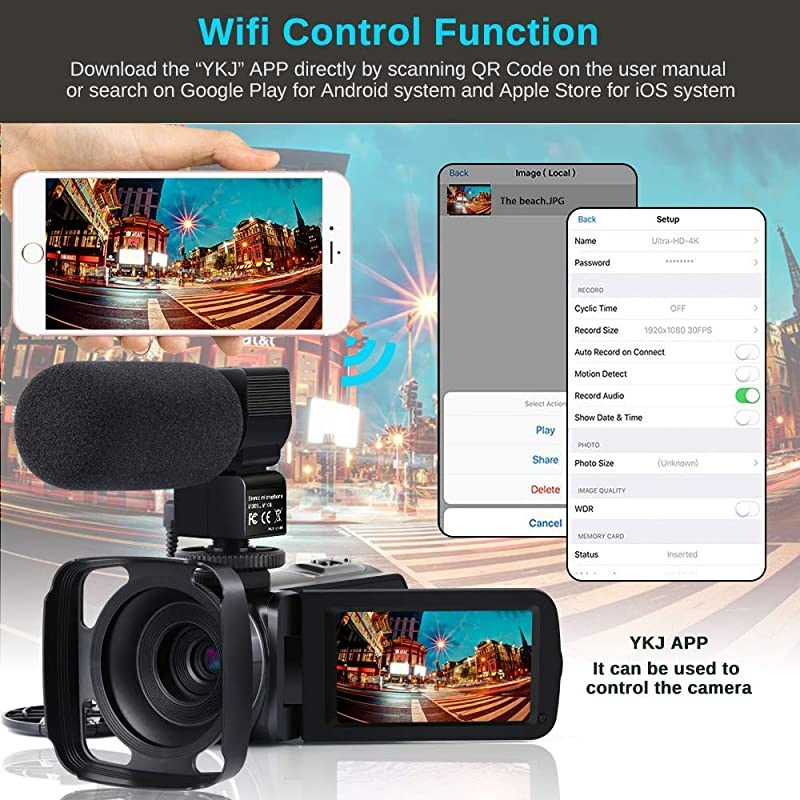 Camera 4K Camcorder Ultra HD 48MP Vlogging Camera for YouTube WiFi Night Vision Camcorder Touch Screen 16X Digital Zoom Vlog Camera Recorder with Microphone Remote Stabilizer Hood Batteries