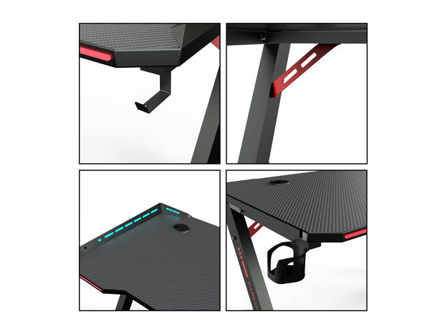 Gaming Desk, 55 Inch Gaming Table, PC Computer Workstation with LED RGB Lights, Headphone Hook and Cup Holder for Home, Black