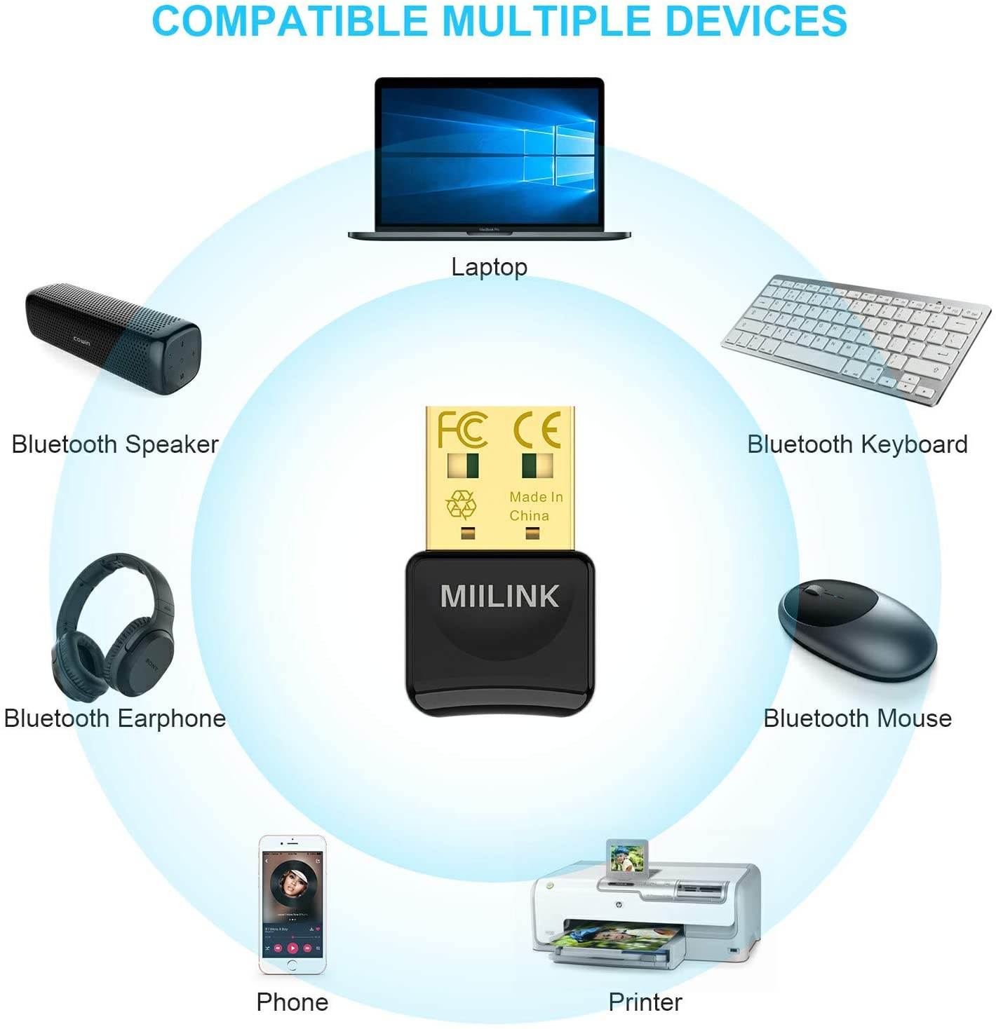 Bluetooth Adapter for PC, USB Bluetooth Adapter, Bluetooth 5.0 EDR USB Bluetooth Receiver for Stereo Headphones, Keyboard, Mouse, Laptop Windows 10,8,7 Compatible