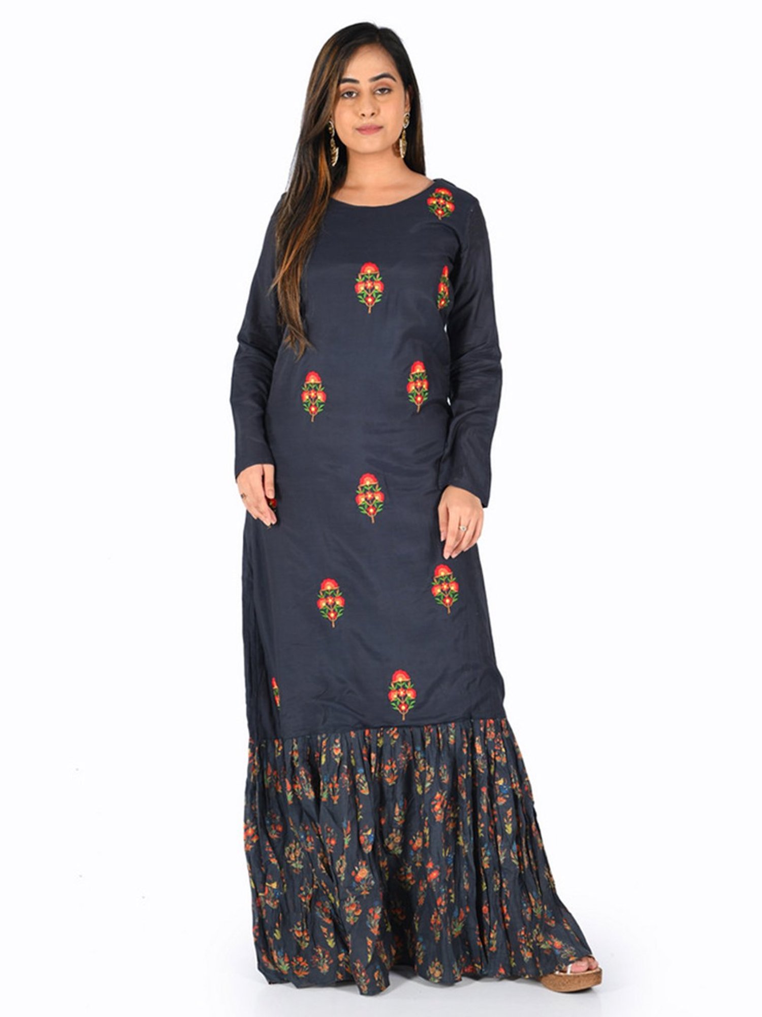 Neeru's Navy Embroidered Straight Kurta