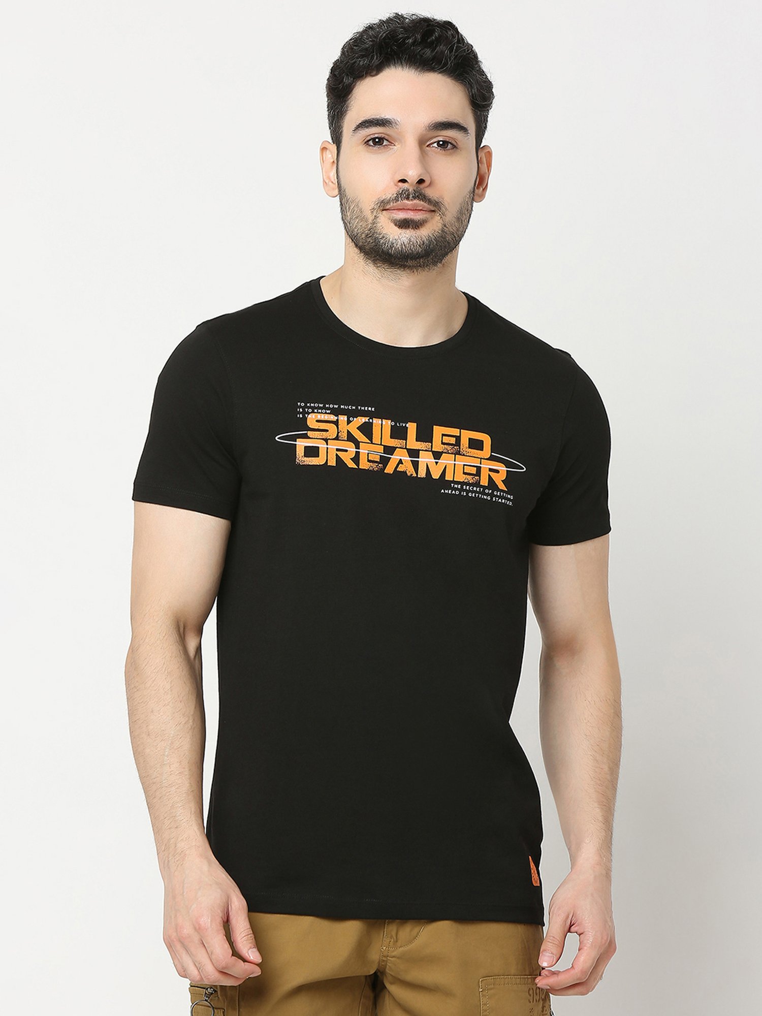 UnderJeans by Spykar Black Regular Fit Printed Cotton Crew T-Shirt