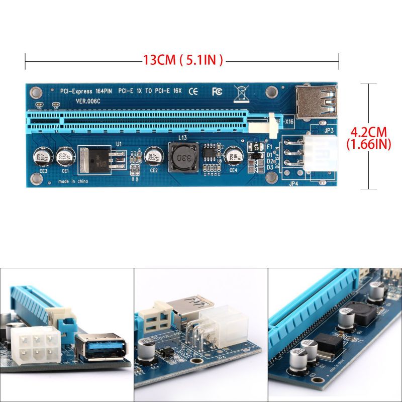 3-PACK VER 006C PCI-E Riser 1x to 16x PCI Express Extender GPU Riser Adapter with 60cm(23.6in) USB 3.0 Extension Cable & 6Pin Power Cable - Dedicated for Crypto currency Mining Bitcoin\Litecoin\ETH