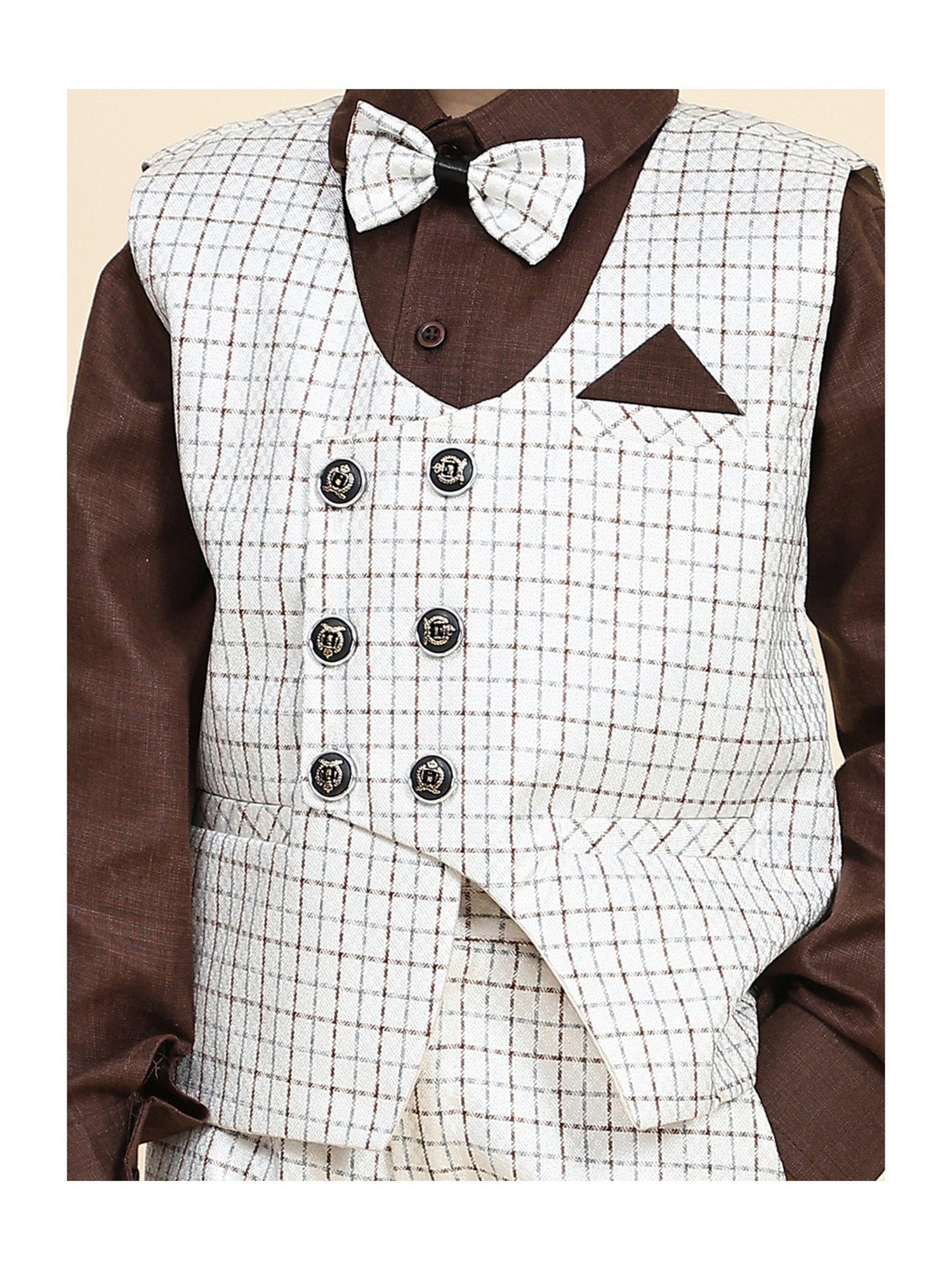 Pro-Ethic Style Developer Kids Brown & White Checks Full Sleeves Shirt, Waistcoat, Pants with Bow