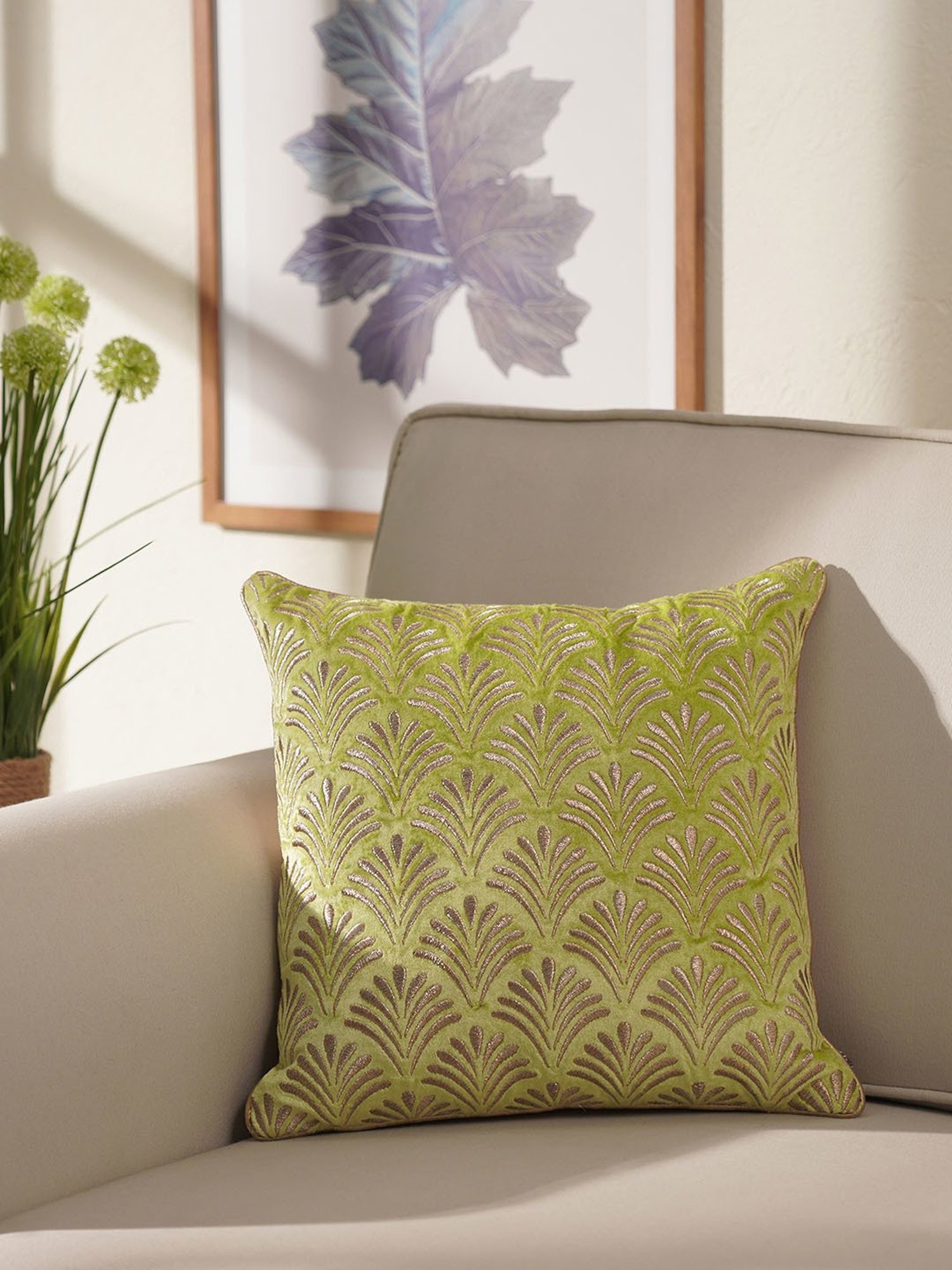 Pure Home and Living Green Cotton Embroidery Cushion Cover