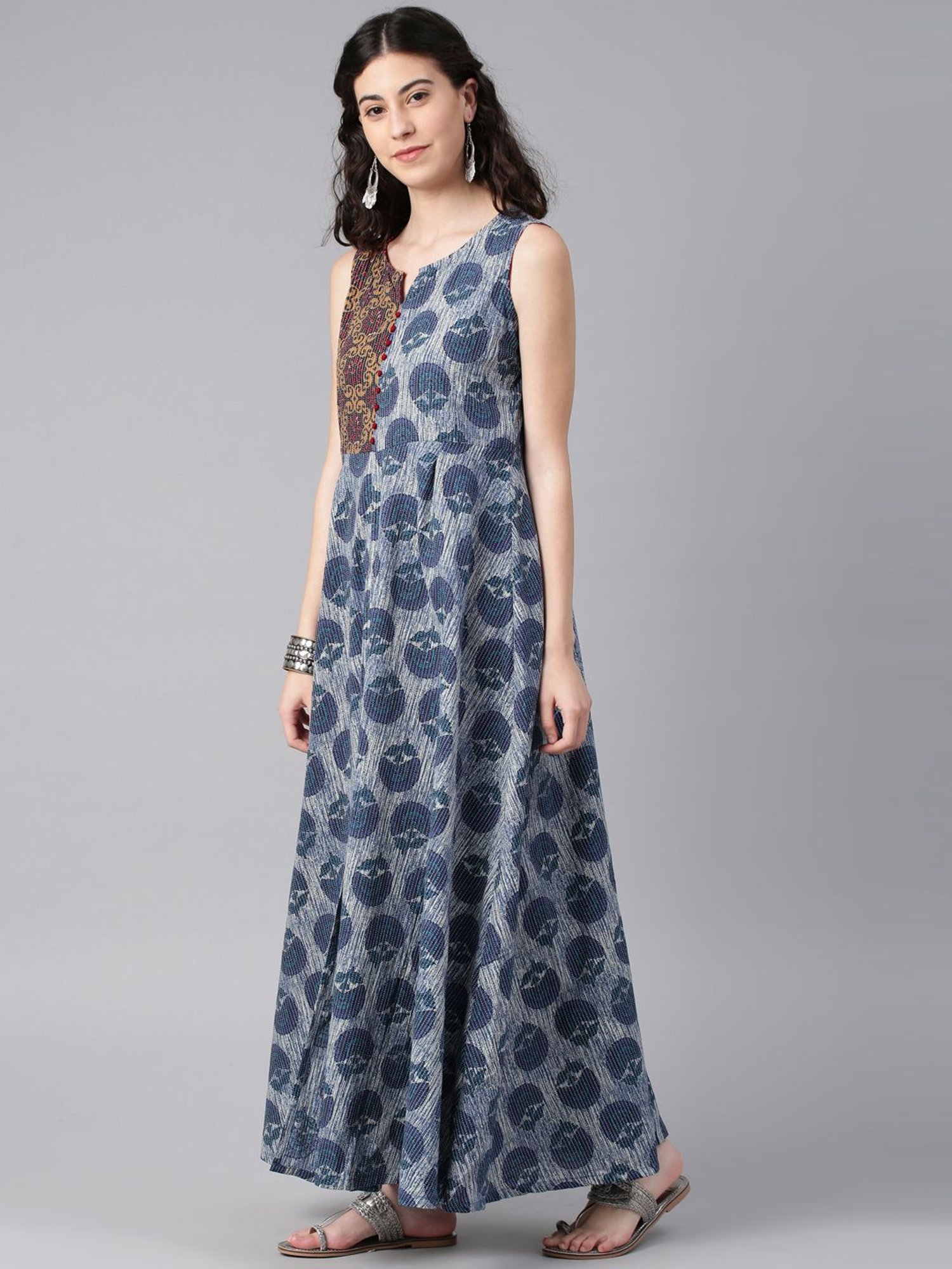 Alena Blue Cotton Printed A Line Kurta