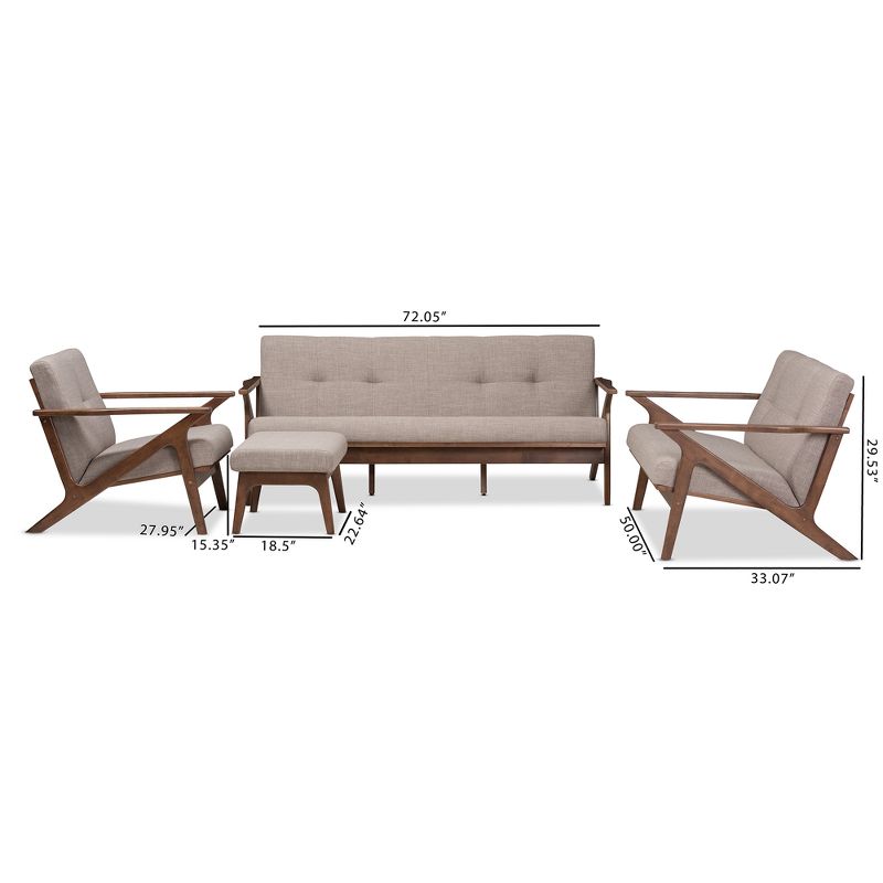 4pc Bianca Mid Modern Walnut Wood Fabric Tufted Living Room Sofa Set Light Gray - Baxton Studio