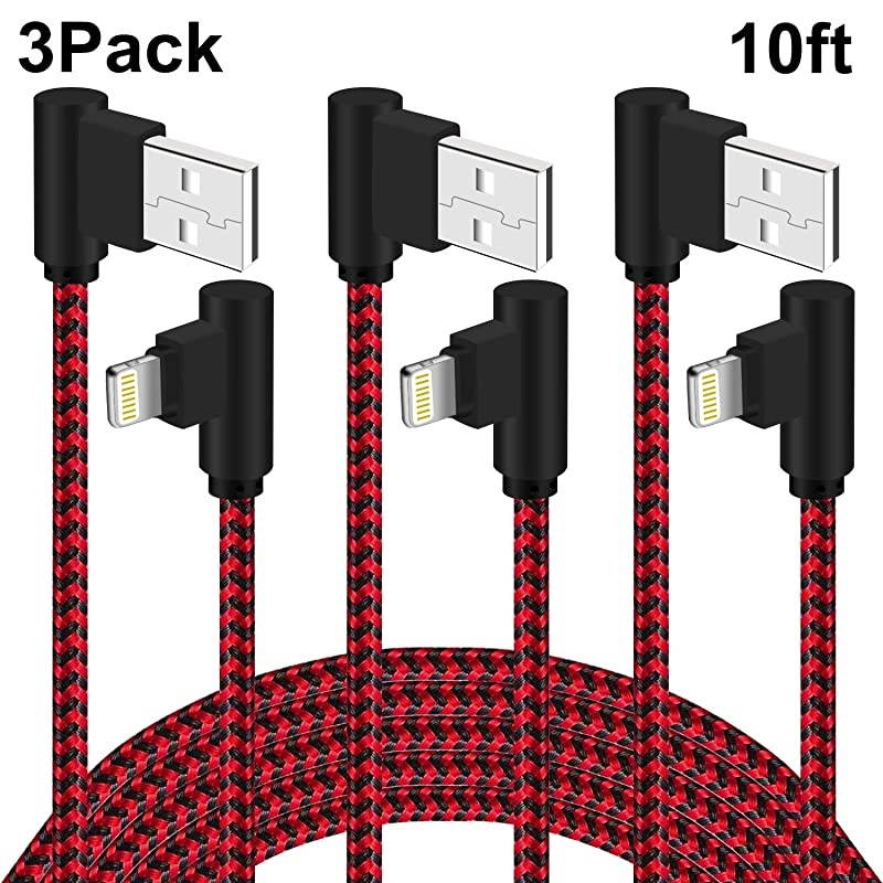 Degree Lightning Cable 10 FT Right Angle 3 Pack iPhone Charger Cable Charging and Syncing Cord Extra Long Nylon Braided for iPhoneiPad Red Black10Foot