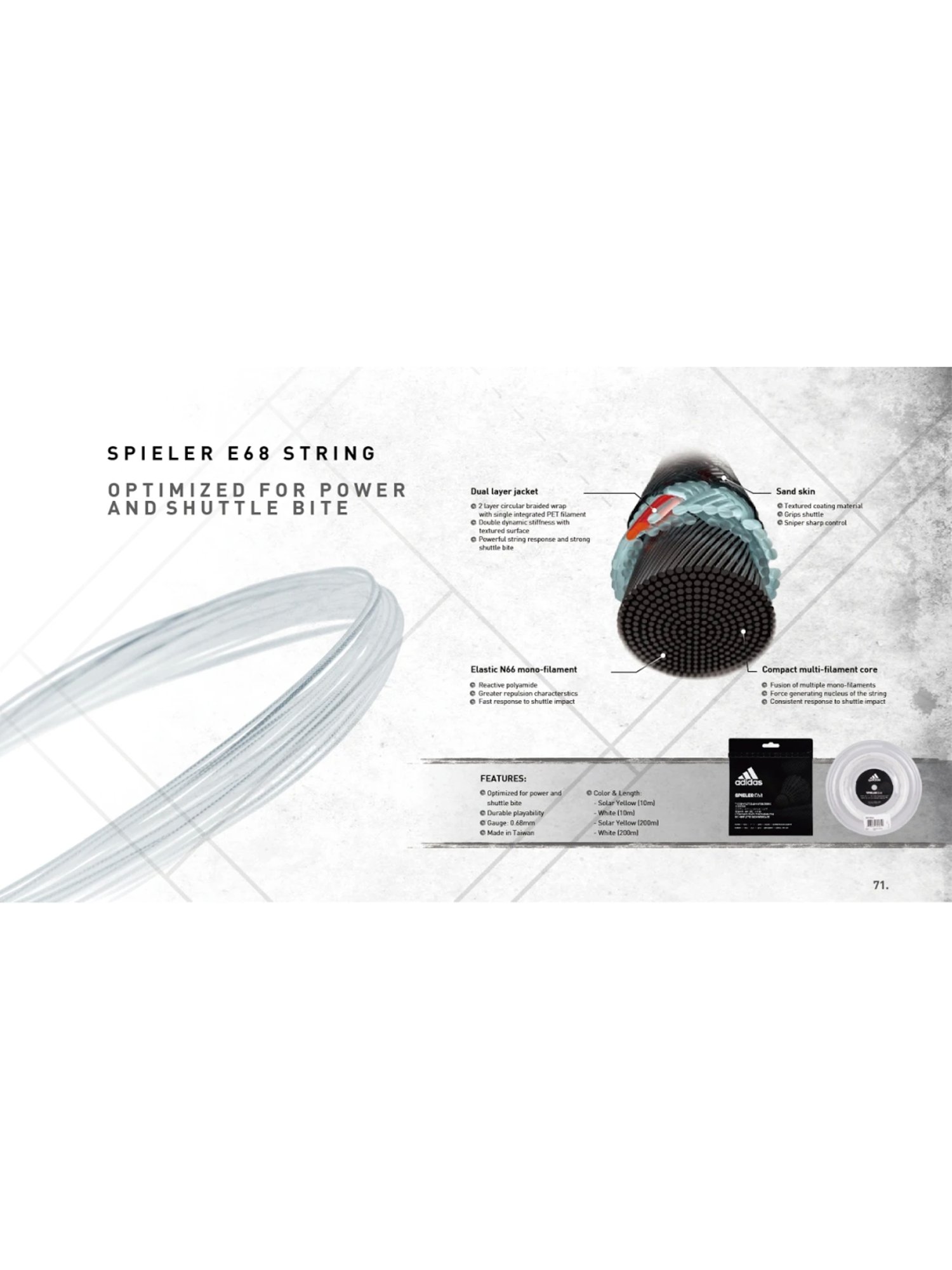 Adidas Spieler E68 Solar Yellow Badminton Racquet Strings (0.68 gauze)