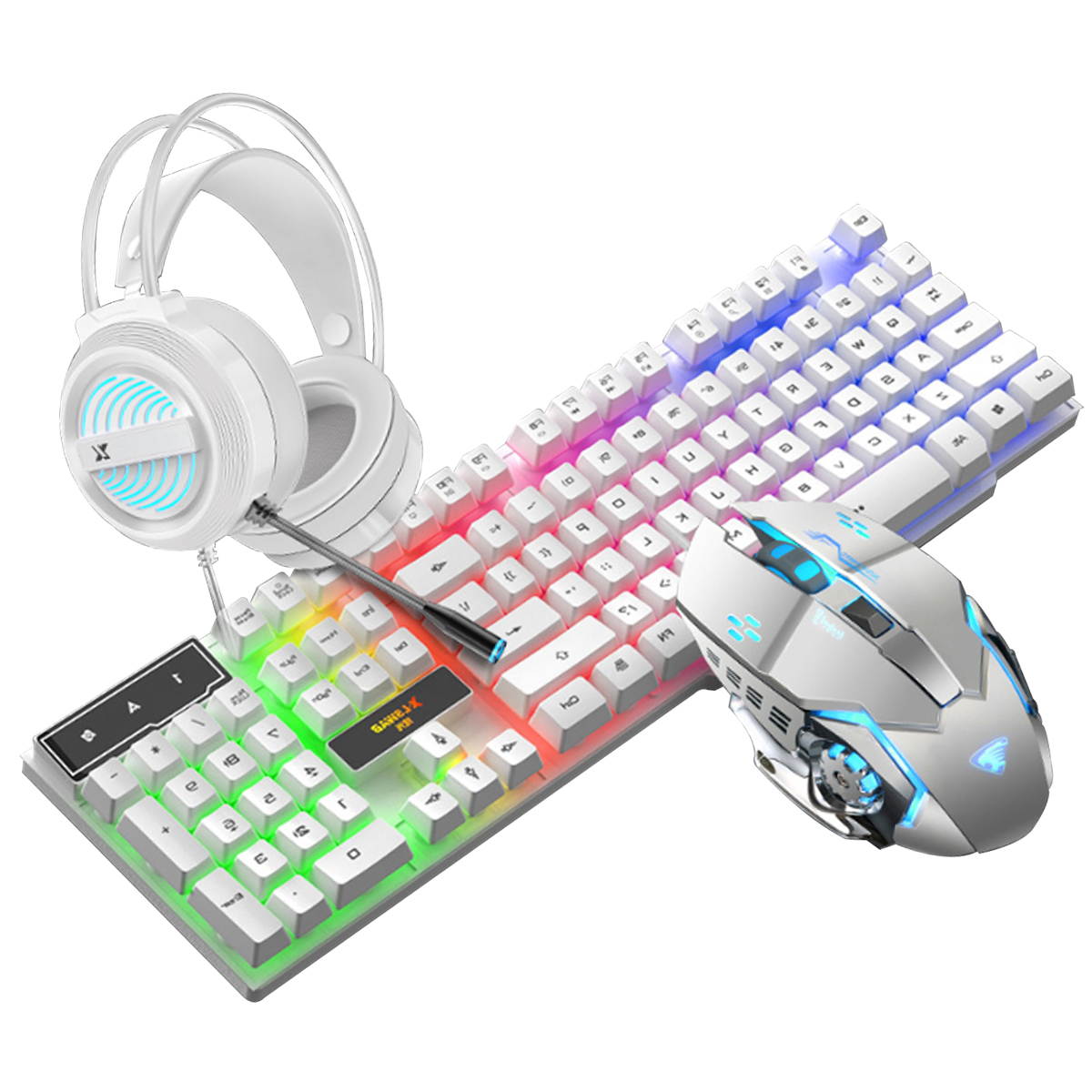 Mechanical Keyboard Mouse Headset Kit,Gaming Mouse & RGB Headphones for Laptop Computer PC Games for PS4, Xbox One & PC, White, GK23