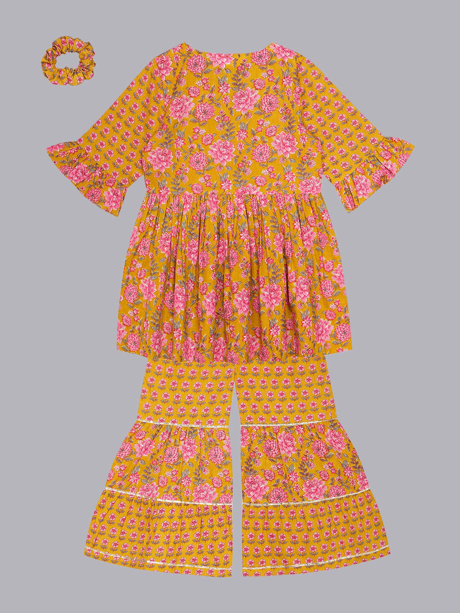Budding Bees Girls Mustard & Pink Floral Print Top, Sharara & Scrunchies