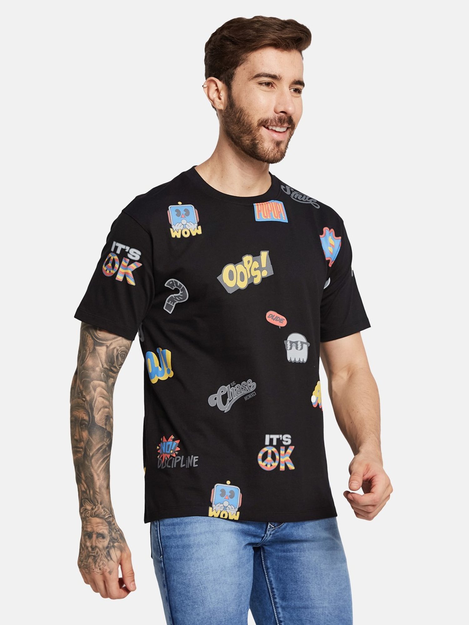 Octave Black Cotton Regular Fit Printed T-Shirt