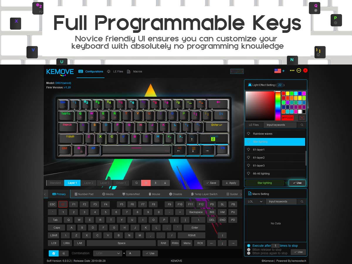 Glorious Modular Mechanical Gaming Keyboard (GMMK)- Barebone Edition (DIY Assembly Required) (Full Size, Black) + Glorious Black Aura Keycaps (Bundle)