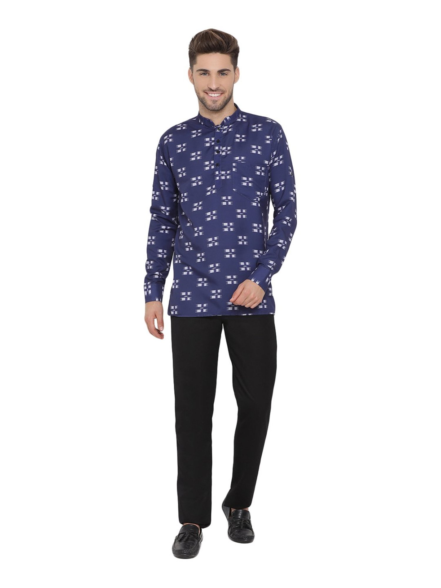 Hangup Blue Linen Regular Fit Printed Kurta Bottom & Jacket Set