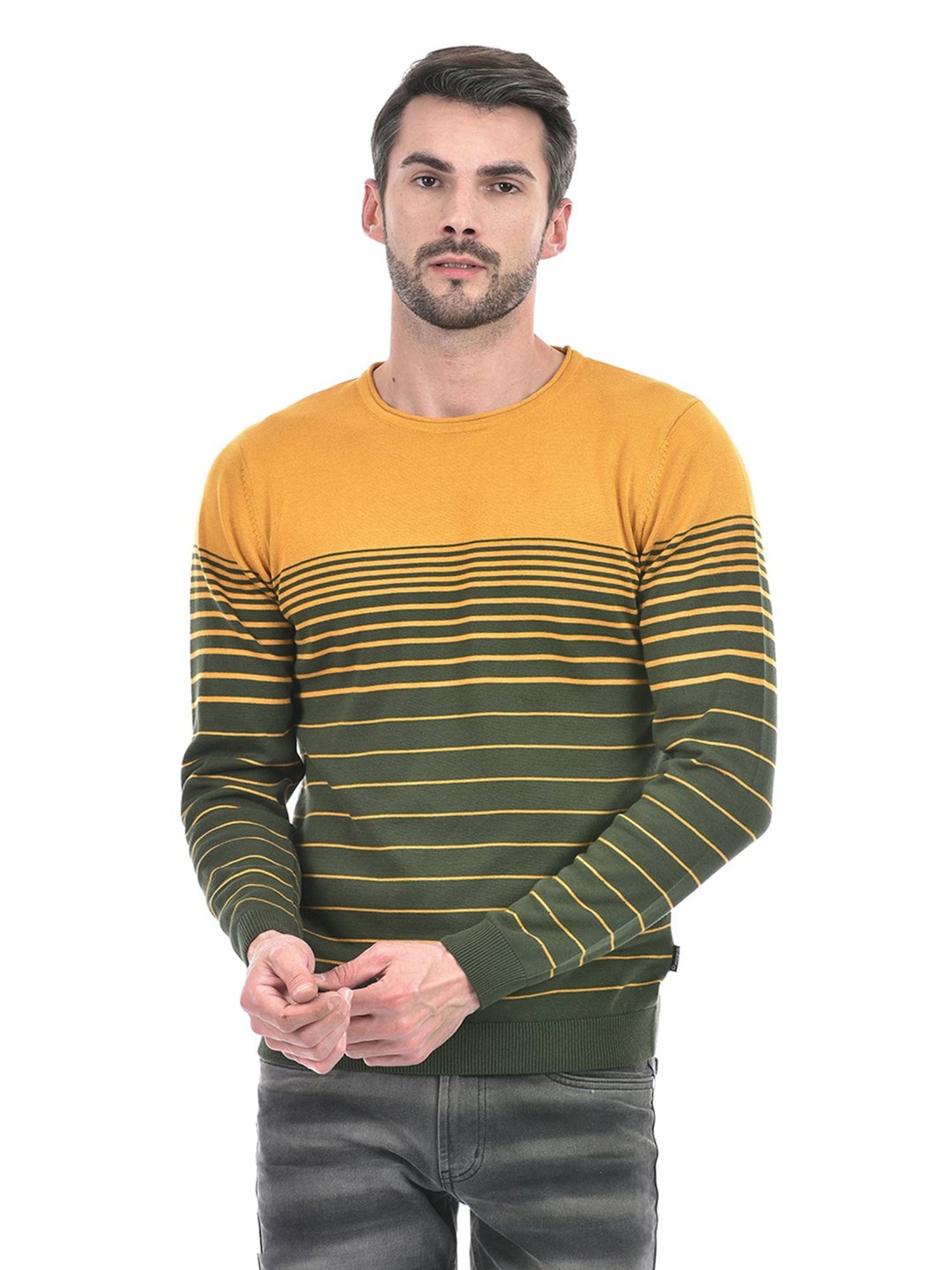 Integriti Mustard & Olive Regular Fit Striped Cotton Sweater
