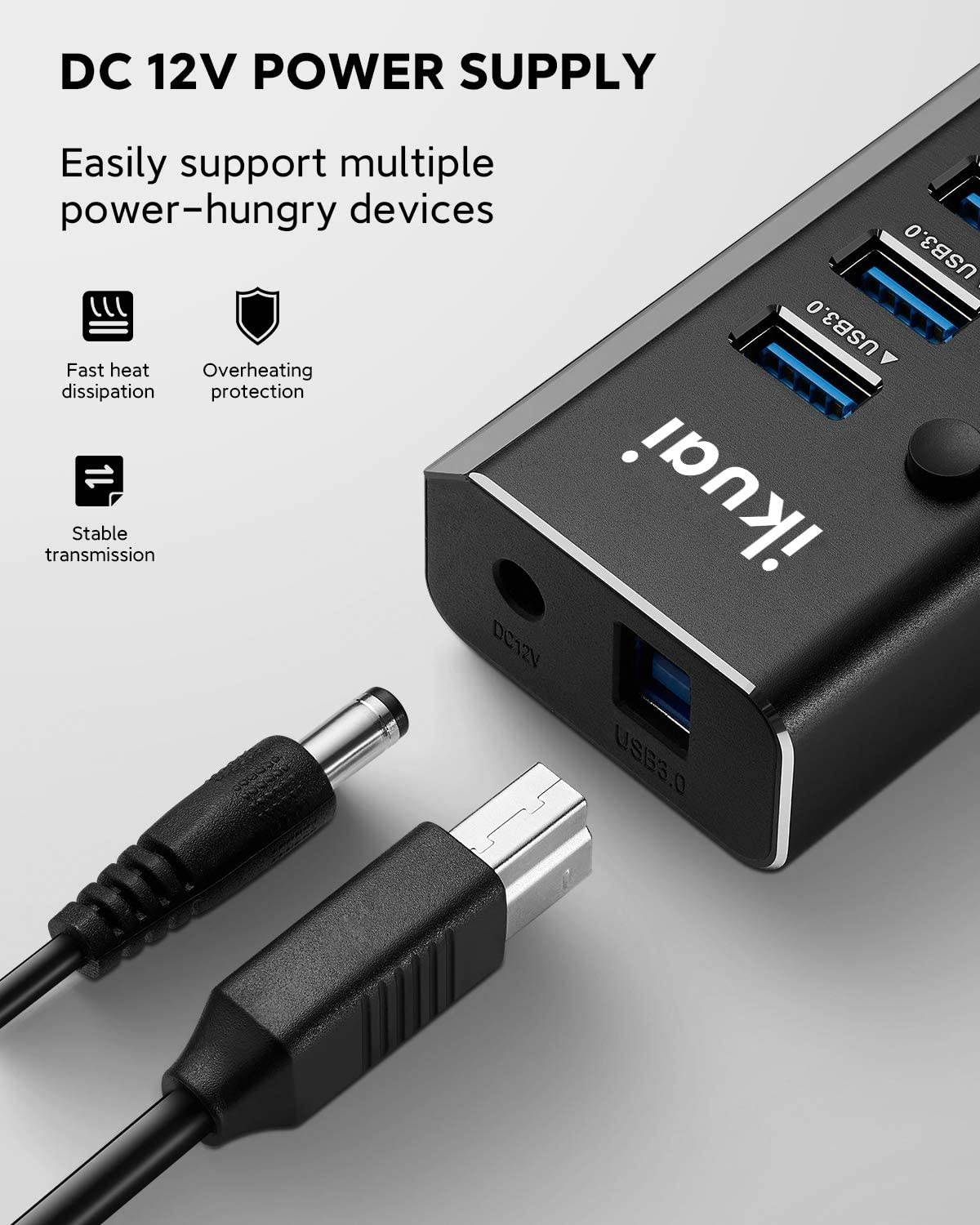 ikuai Powered USB Hub 3.0 10 Port USB 3.0 Data Hub Aluminum USB Splitter with 36W(12V/3A) Power Adapter and Individual On/Off Switches (Black)