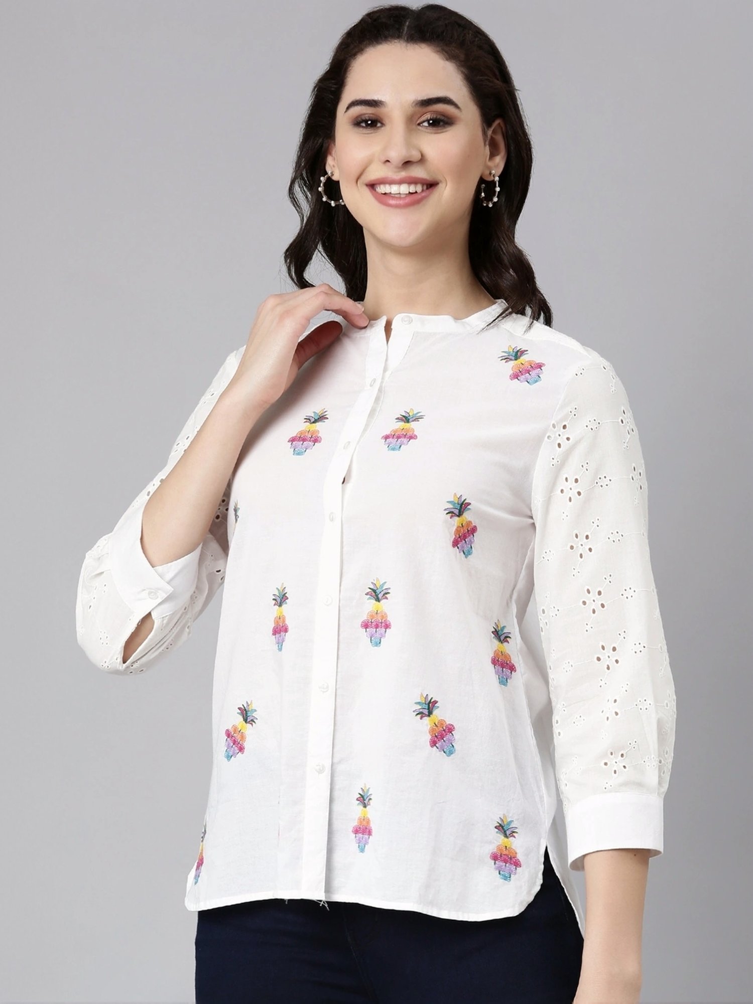 Zolo Label White Cotton Embroidered Shirt