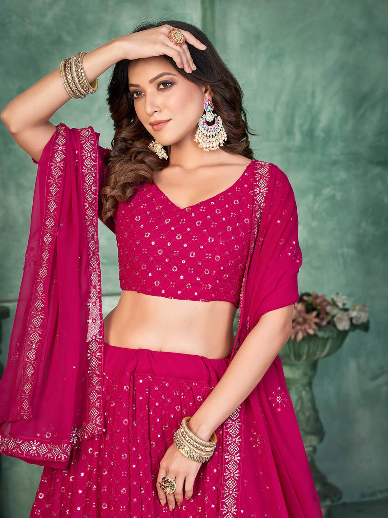 Warthy Ent Dark Pink Embroidered Lehenga Choli Set With Dupatta