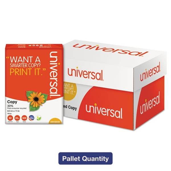 Universal UNV20030PLT 30% Recycled Copy Paper, 92 Brightness, 20lb, 8 1/2 x 11, White, 5000/Ctn - 1 Pallet (40 Cartons)