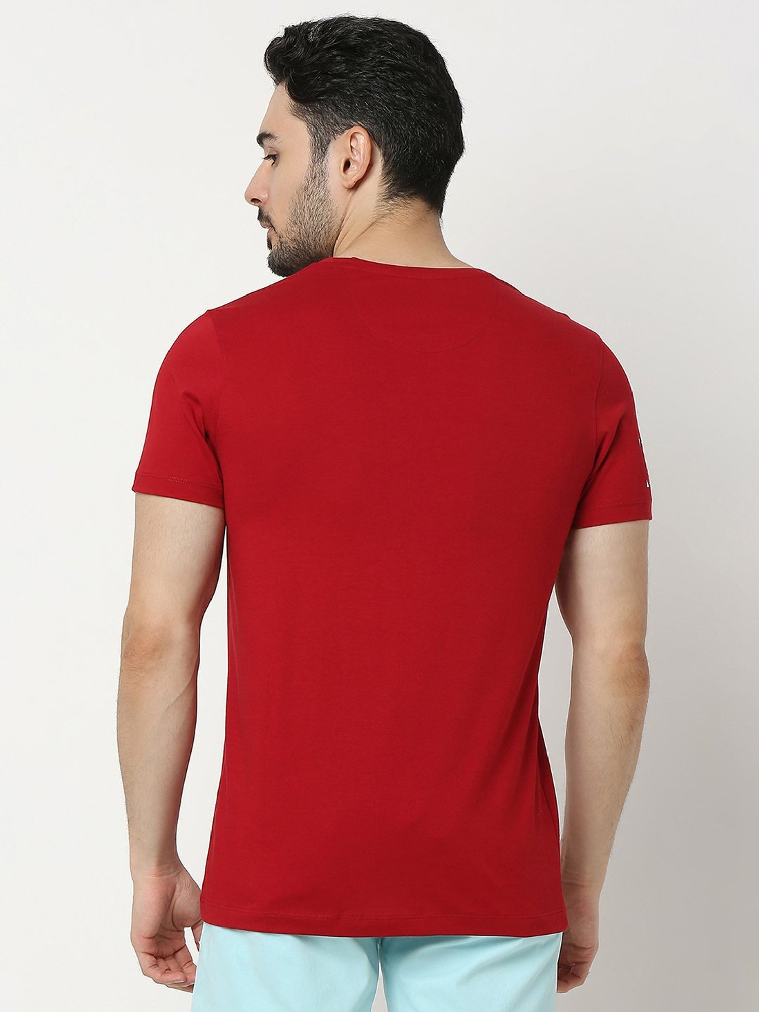 UnderJeans by Spykar Deep Red Regular Fit Logo Print Cotton Crew T-Shirt