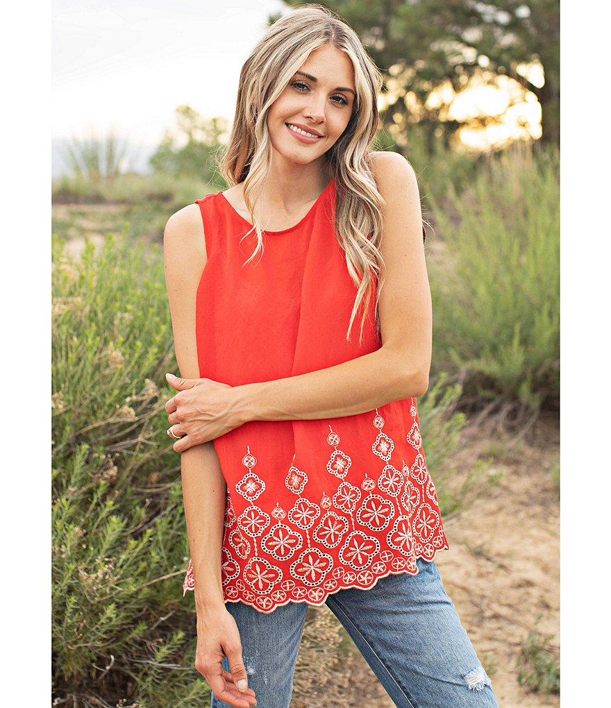 Figueroa & Flower Collin Jewel Neck Embroidered Hem Sleeveless Top
