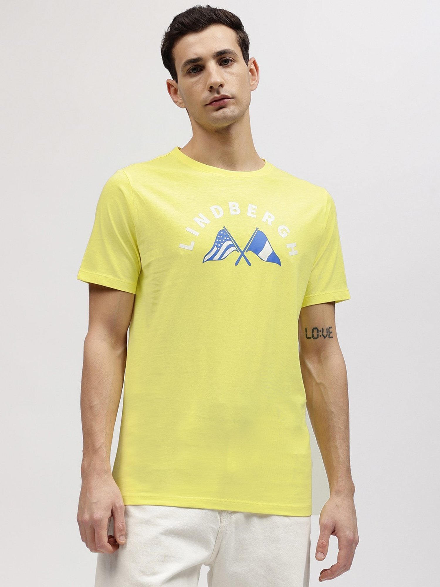 Lindbergh Yellow Cotton Regular Fit Printed T-Shirt