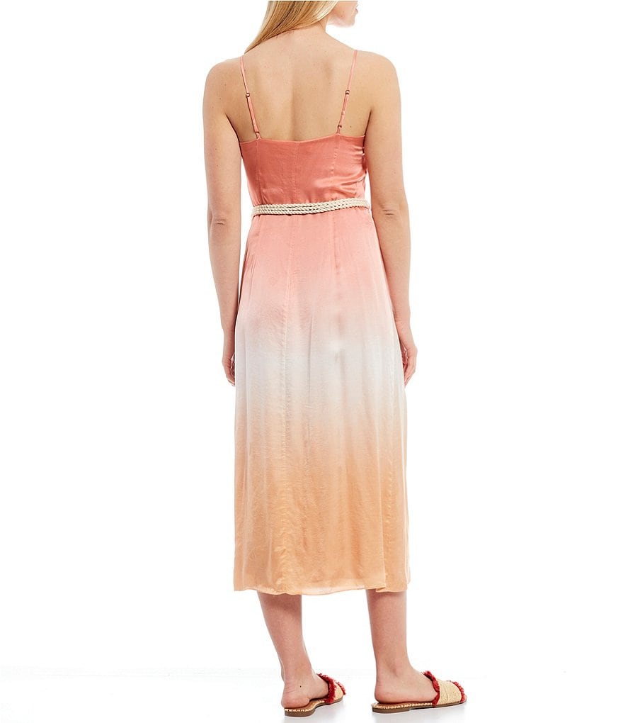 Chelsea & Violet Belted Dip Dye V-Neck Sleeveless Satin Cami Dress