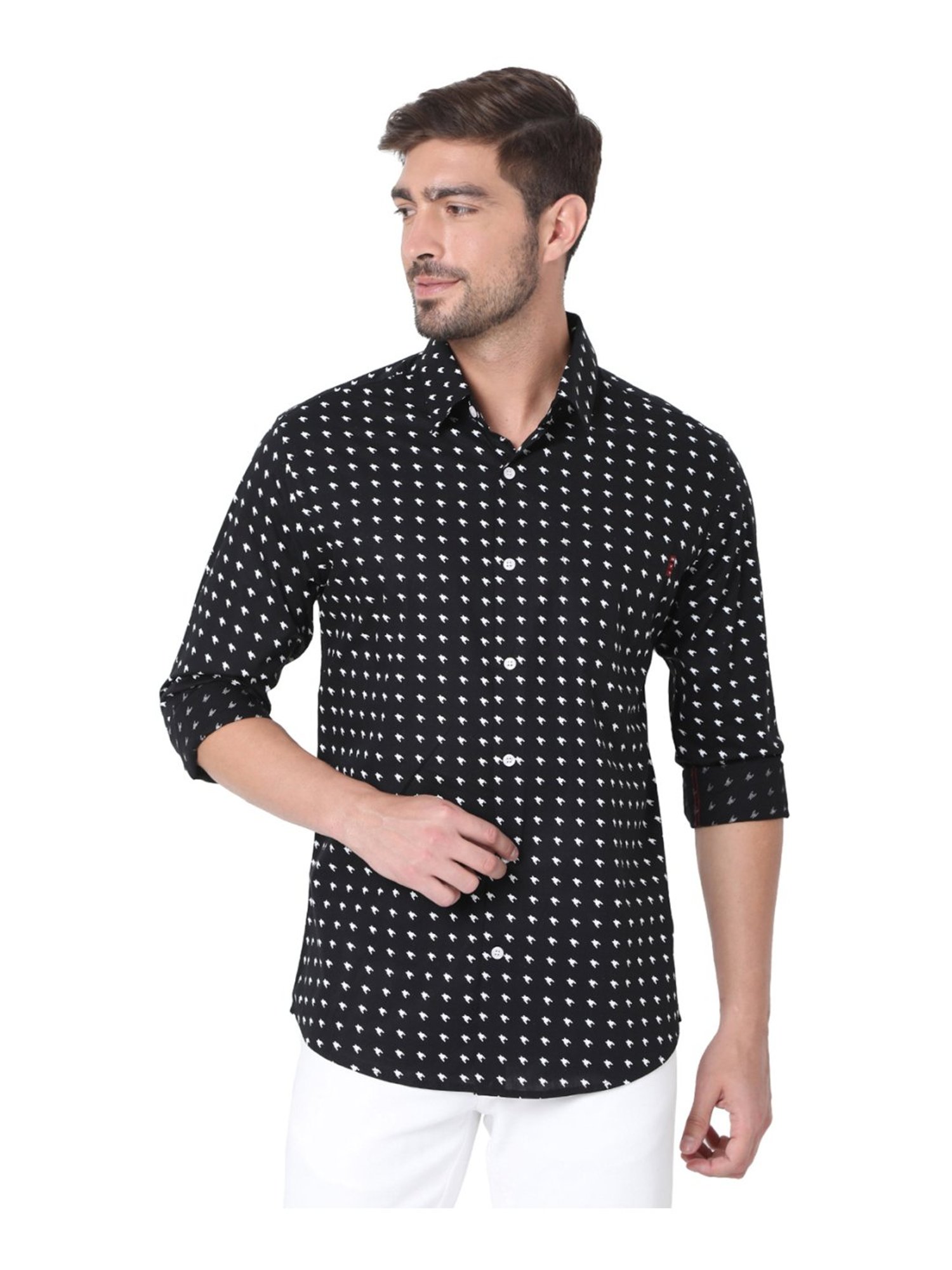 Mufti Black Cotton Slim Fit Printed Shirt