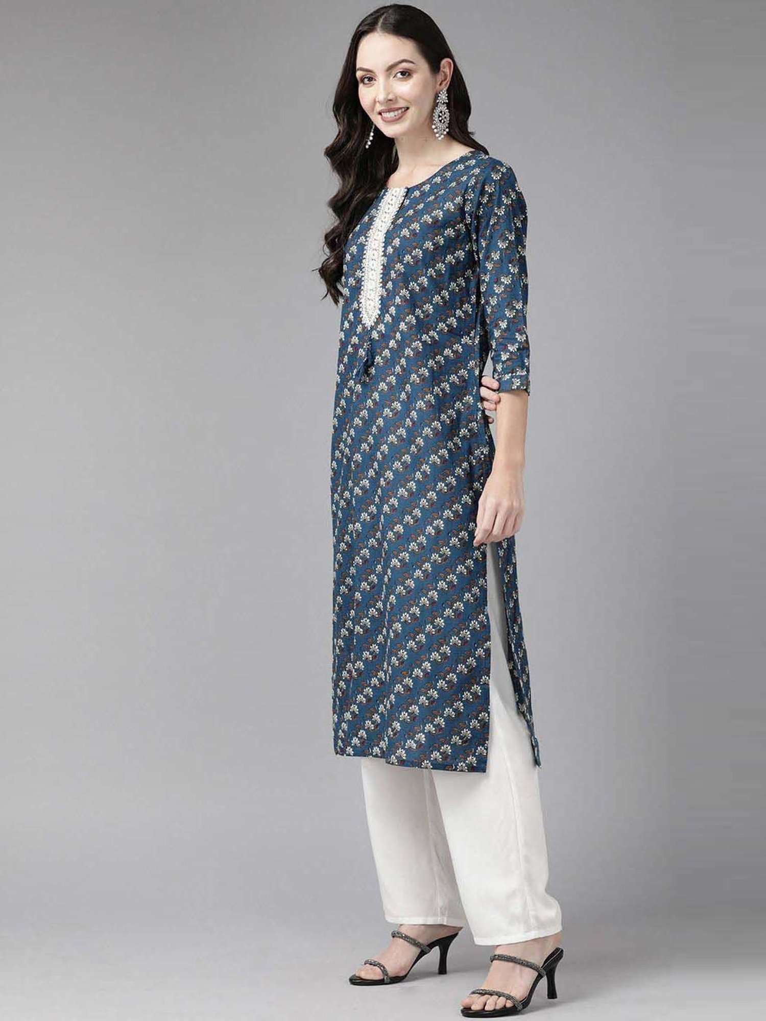 Cayman Blue Cotton Floral Print Straight Kurta