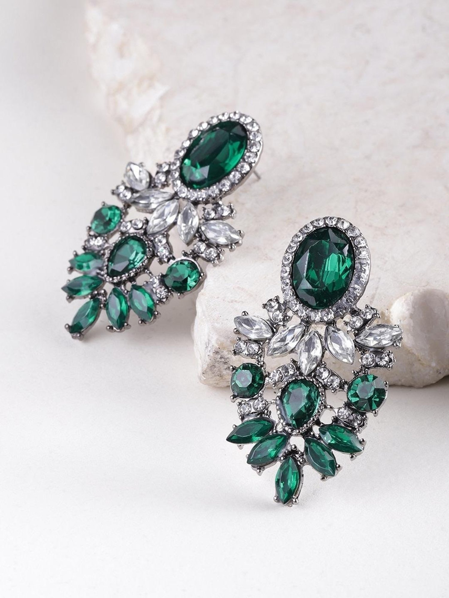 YouBella Silver Green & White Contemporary Stone Studded Dangler Earrings for Women